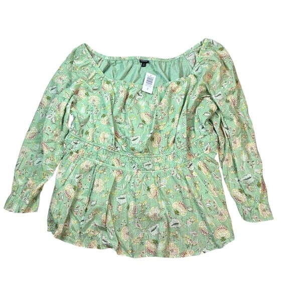 Torrid Blouse Plus Sz 4X Mint Green Cotton Clip Dot Blouson Sleeve Smocked Top - Picture 2 of 8